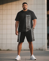 Big & Tall Men Black Striped Side Stitching Chest Slogan Printed Round Neck Short Sleeve T-Shirt Shorts Suit