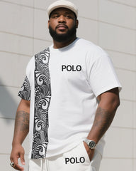 Men's Plus Size White Creative Stripe Polo English Print T-Shirt Shorts Suit