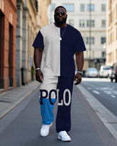 Big Men's Simple Casual Splicing Color Block Blue Letter POLO Printed Short Sleeve T-shirt Pants Set