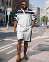 Men's Plus Size Business Blue Stripe Print Short Sleeve Polo Shirt Shorts Suit
