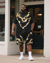 Big & Tall Men's Black Round Geometric Chain Print Round Neck Short Sleeve T-Shirt Shorts Suit