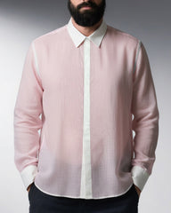 Big & Tall Men's Pink-autumn And Winter Commuter Color Matching Cotton And Linen Fabric Long Sleeve Shirt