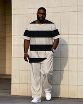 Big & Tall Men's Summer Apricot Thick Striped Short Sleeve T-Shirt Trousers Suit