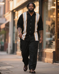 Big & Tall Men's Business Black Stripe Print Long Sleeve Shirt Trousers Suit