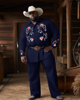Men's Plus Size Western Denim Style Floral Long Sleeve Trousers Two-Piece Set