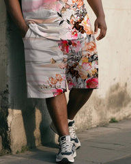 Big & Tall Men's White Vintage Striped Floral Print Tank Top Shorts Suit