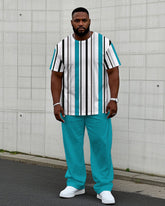 Men's Plus Size Casual Vertical Stripe Lake Blue Printed Short-sleeved T-shirt Trousers Suit