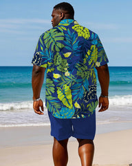 Men's Plus Size Hawaiian Royal Blue Large Leaf Shirt Shorts Suit