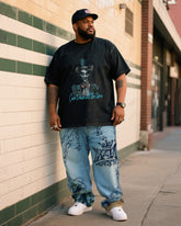 Plus Size Men's Crow Clown Print T-Shirt Personalized Graffiti Pants Denim Suit