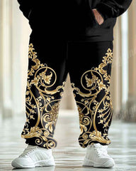 Men's Classical Luxury Pattern Black Big and Tall Hoodie Set