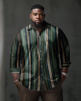 Big Guy's Classic Casual Yellow Green Striped Long Sleeve Lapel Shirt