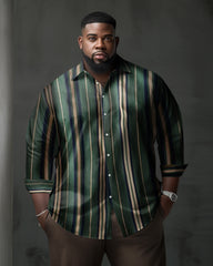 Big Guy's Classic Casual Yellow Green Striped Long Sleeve Lapel Shirt
