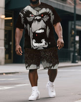 Men's Street Style Angry Gorillas Cartoon Print Big & Tall Outdoor Short-Sleeve T-shirt & Short Set