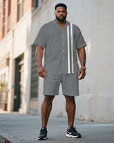 Men's Plus Size Grey & White Colorblock Simple Casual Short-sleeved Shirt Shorts Suit