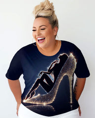 Women's Plus Size Crystal High Heels Round Neck Short Sleeve T-Shirt