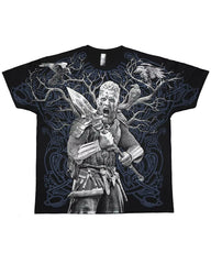 A Black T-shirt With A Print Of A Heavily Armed Viking Warlord