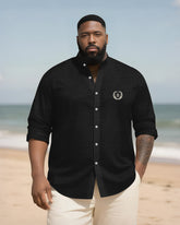 Big & Tall Men's Everyday College Style B Letter Icon Bamboo Hemp Texture Stand-up Collar Long Sleeve Shirt