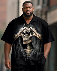 Big & Tall Men's Black Love Skull Print Short Sleeve Shirt Pants Suit