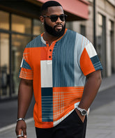 Big & Tall Men's Orange Stripe Geometric Print Henley Collar Button Short Sleeve Tee