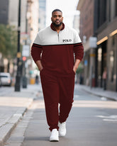 Big & Tall Men's Wine Red Striped Contrast Printed POLO Collar Zipper Long Sleeve Pants Two-piece Set