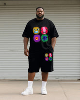 Big & Tall Men's Black Expression Graffiti Print Round Neck Short Sleeve T-Shirt Shorts Suit