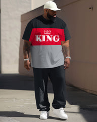Street Simple Color Block King Letter Print Big & Tall Men's Set