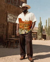 Big & Tall Men's Western Wind Desert Gold Rush Map Printing-Cuban Collar Short Sleeve Shirt Pants Suit