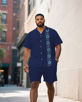 Men's Plus Size Royal Blue Patchwork Bohemian Pattern Short Sleeve Shirt Shorts Suit