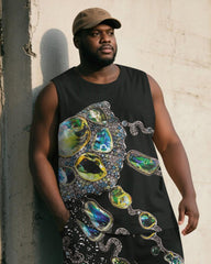 Big & Tall Men's Black Vintage Luxury Gemstone Chain Print Vest Shorts Suit