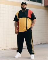 Big Boy's Daily Casual Art Square Color-matching Striped Crewneck Short-sleeve T-shirt Striped Trousers