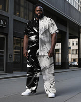 Men's Black & White Artistic Half Splicing Color Block Printed Big and Tall Short Sleeve T-shirt Pants Set
