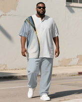 Men's Plus Size Blue And White Color-block Gradient Line Print Henry Collar T-shirt Trousers Suit