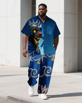 Men's Big Size Cartoon Bear King Vintage Casual Fashion Short Sleeve Shirt Pants Set