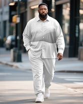 Big & Tall Men's Business White Geometric Wave Print Bamboo Hemp Texture Long Sleeve Shirt Trousers Suit