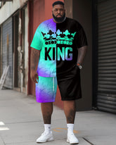 Street Casual Gradient Contrast Stitching King Crown Print Big & Tall Men's Set