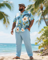 Big & Tall Men's Holiday Style Summer Color Matching Luxury Floral Printed Short Sleeve Shirt Trousers Cotton Linen Suit