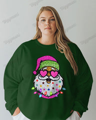 Women's Plus Colorful Shiny Santa Claus Print Long Sleeve T-shirt