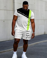 Men's Plus Size Casual White & Fluorescent Green Colorblock Slogan Print Short Sleeve T-Shirt Shorts Suit