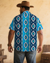 Men's Plus Size Retro Western Denim Blue Printed Short Sleeve Shirt