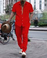 S-3XL Men's Jacquard Striped Shirt Short Sleeve Trousers Suit