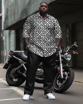 Men's Plus Size Casual Business Retro White Pattern Long Sleeve Shirt Trousers Suit