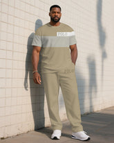 Men's Plus Size Khaki Simple Colorblock High-grade Sense Printed Short-sleeved T-shirt Trousers Suit