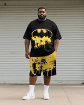 Big & Tall Men's Yellow Graffiti Teeth Print Round Neck Short Sleeve T-Shirt Shorts Suit