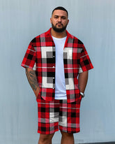 Big Men's Casual Simple Letter Bold Red Plaid Printed Short Sleeve Shirt and Shorts Set