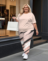 Women's Plus Size Solid Color T-Shirt and Printing Stripes Trousers Suit