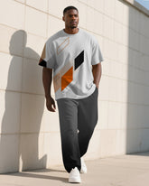 Men's Plus Size Gray Color Block Diamond Print T-shirt Trousers Suit