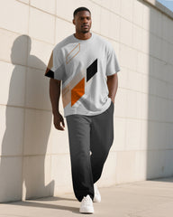 Men's Plus Size Gray Color Block Diamond Print T-shirt Trousers Suit