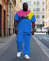 Big Men's Casual Bright Splicing Color Block Letter KING Printed Short Sleeve T-shirt Pants Set
