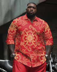 Big Guy’s Vintage Court Pattern Long Sleeve Lapel Shirt 2-piece Set