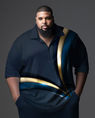 Big Men's Ombre Art Gentleman Business Polo Zipper Shirt and Pants Two-piece Set